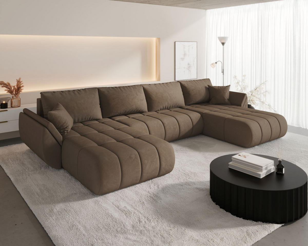WOHNLANDSCHAFT SYDNEY PREMIUM U-Form braun Velours Monolith 9 - Schlaffunktion, Bettkasten - Braun, Textil (385/85/175cm) - Cornero