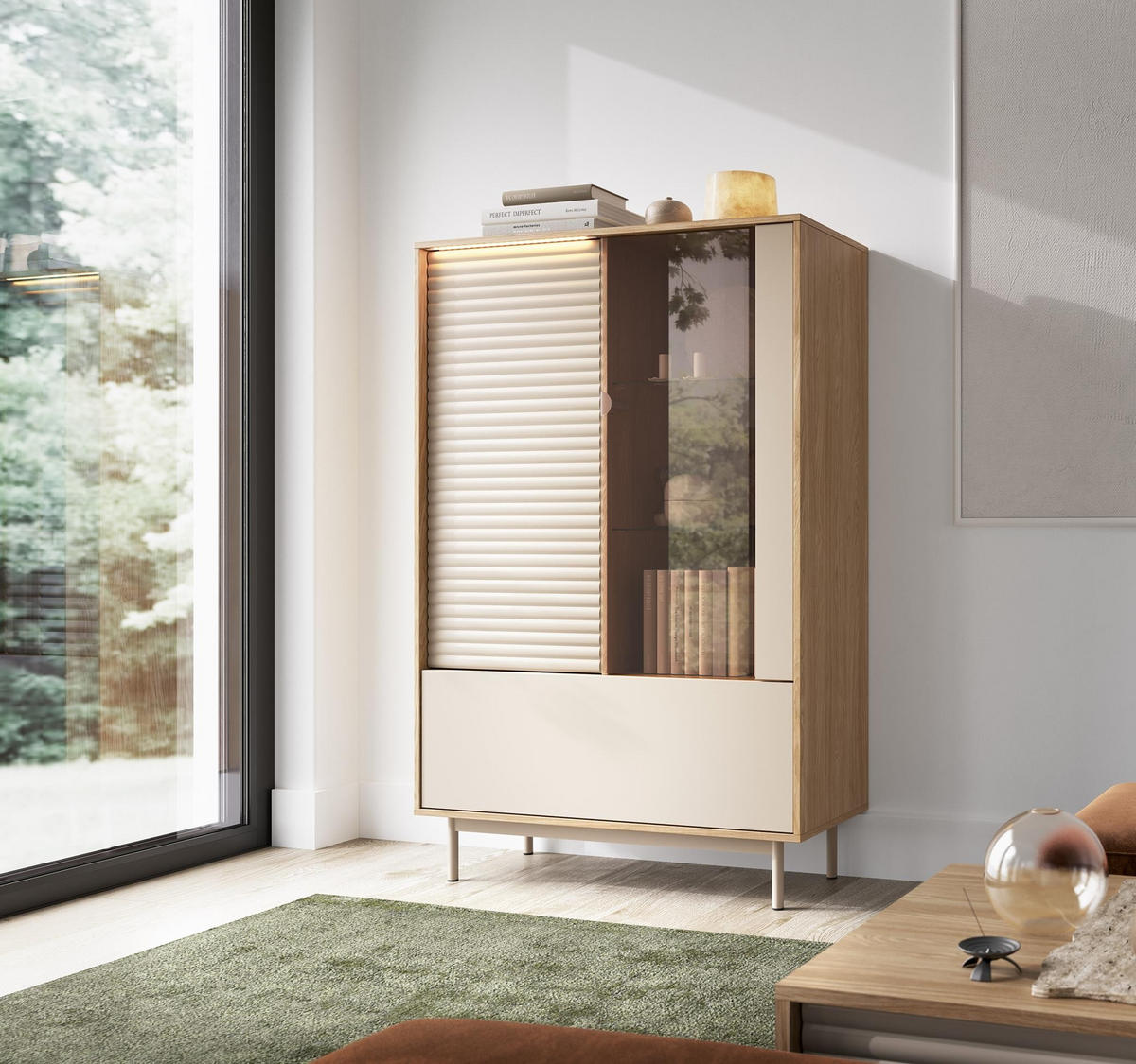 VITRINE Latilo Kaschmir, dreitürige Vitrine mit LED - Kaschmir/Braun, Holzwerkstoff (100/152/40cm) - Bettso