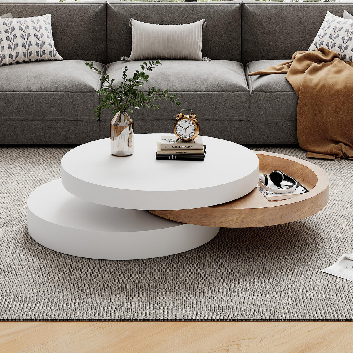 COUCHTISCH mit drehbarer Platte, 3 Ablagen und Stauraum - Weiß/Naturfarben, Holzwerkstoff (60/60/35.1cm) - FLIEKS