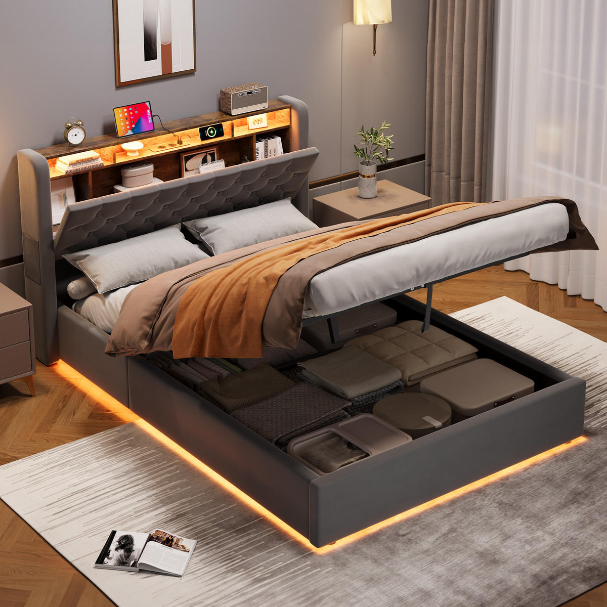 POLSTERBETT 140/190 cm mit hydraulischem Bettkasten, Schubladen, Klappbares Kopfteil, LED-Beleuchtung, Grau - Grau, Textil (140/190cm) - Redom
