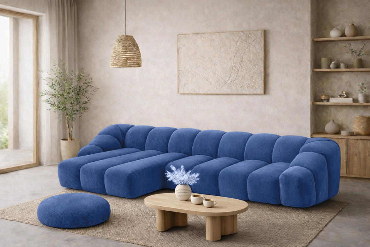 ECKSOFA Modulare L-Form, Veloursstoff Bluvel, Tintenblau, Links, CROISSANT XL - Blau, Holz (340/190cm) - Kaiser Möbel