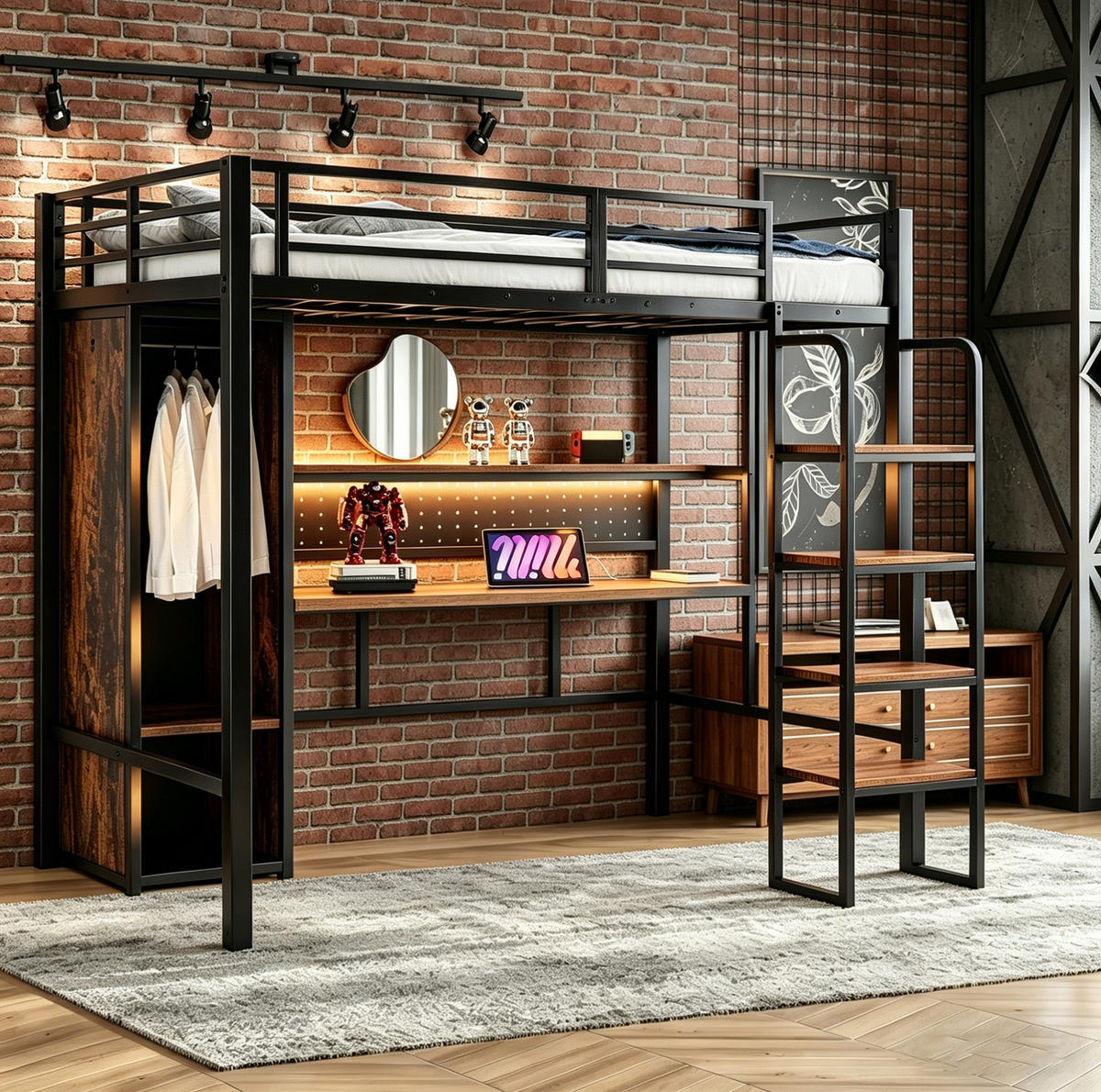 HOCHBETT 90/200 cm aus Metall und MDF mit Schreibtisch und Kleiderschrank Schwarz - Schwarz, Holzwerkstoff (90/200cm) - Modenvie
