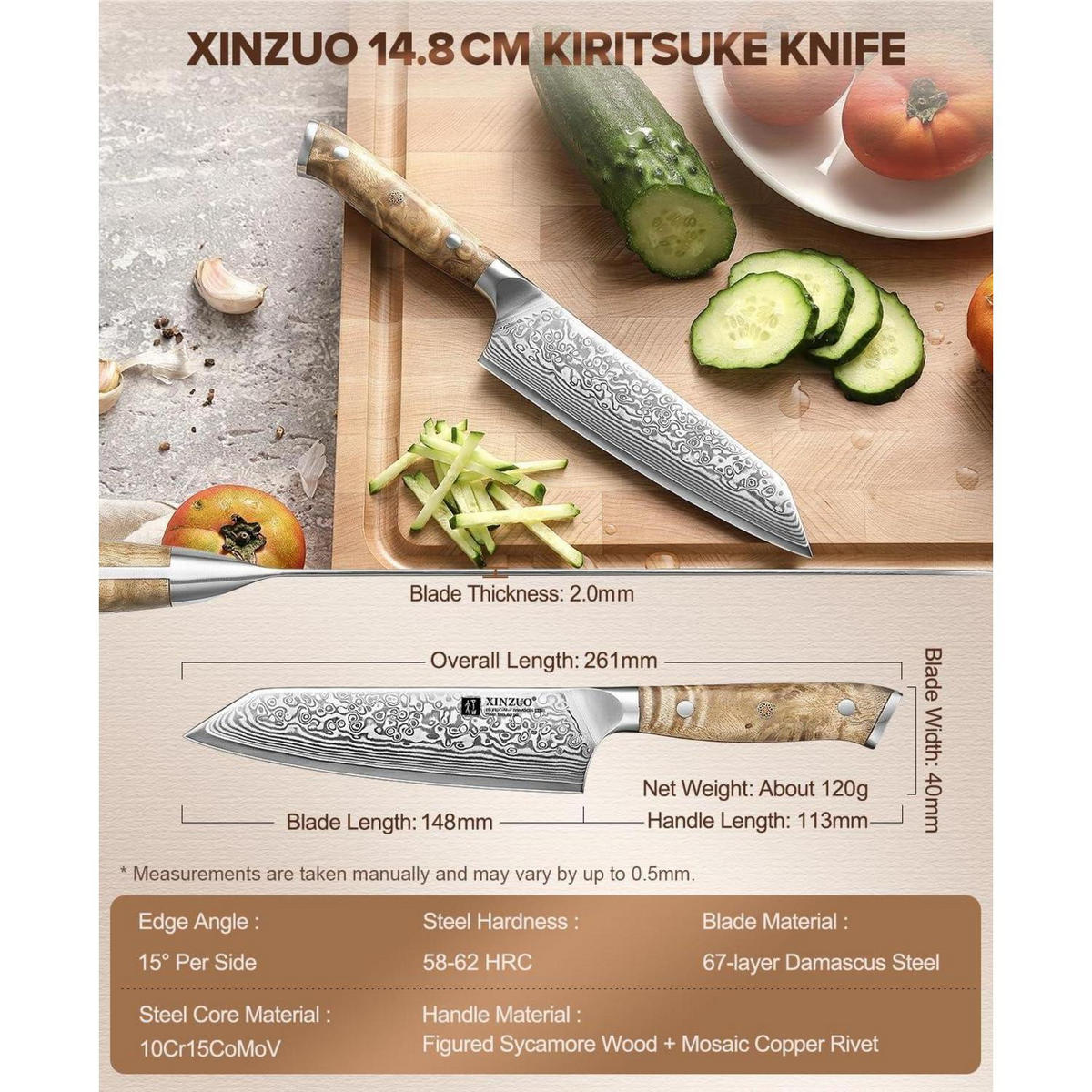 KOCHMESSER Kiritsuke Damaststahl 14,8 cm Bergahornholz - Multicolor, Holz (26.1cm)