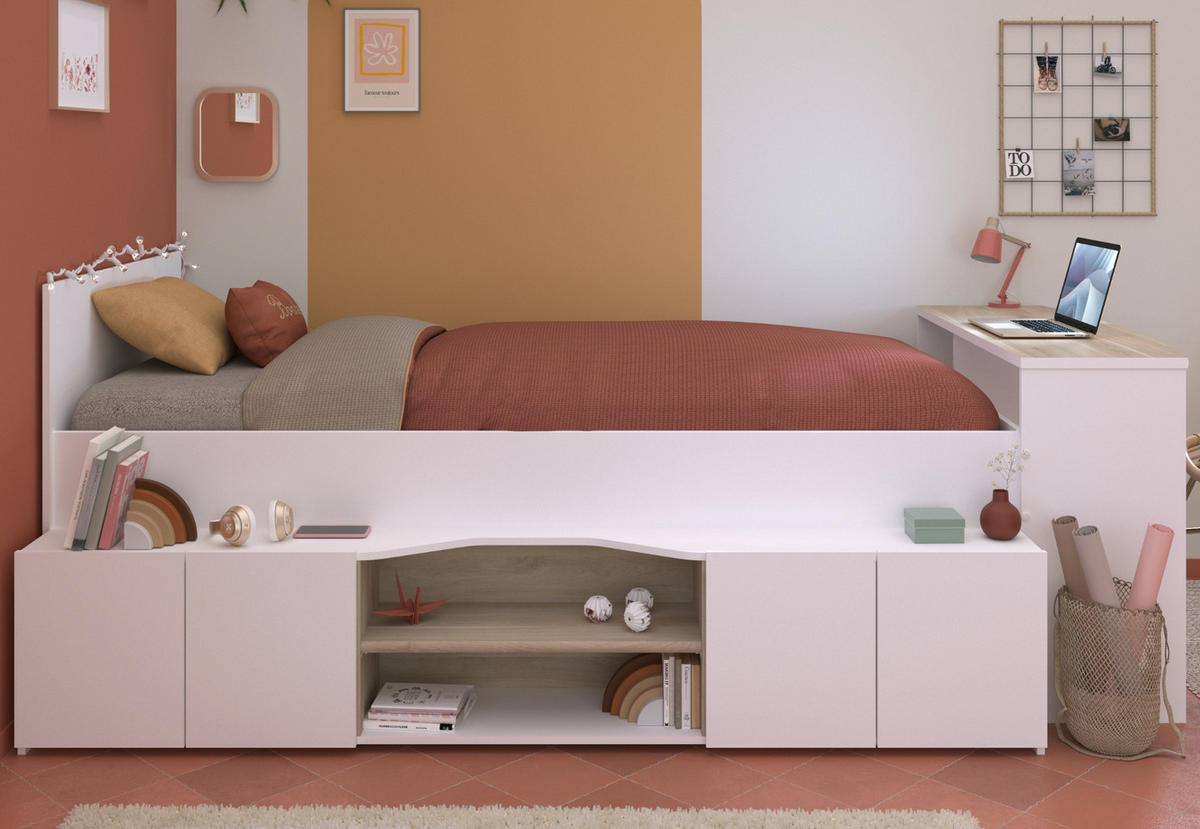 HOCHBETT Jugendzimmer Bett 90x200 mit Schreibtisch und Stauraum - Multicolor/Weiß, Holz/Holzwerkstoff (90/200cm) - Parisot Meuble