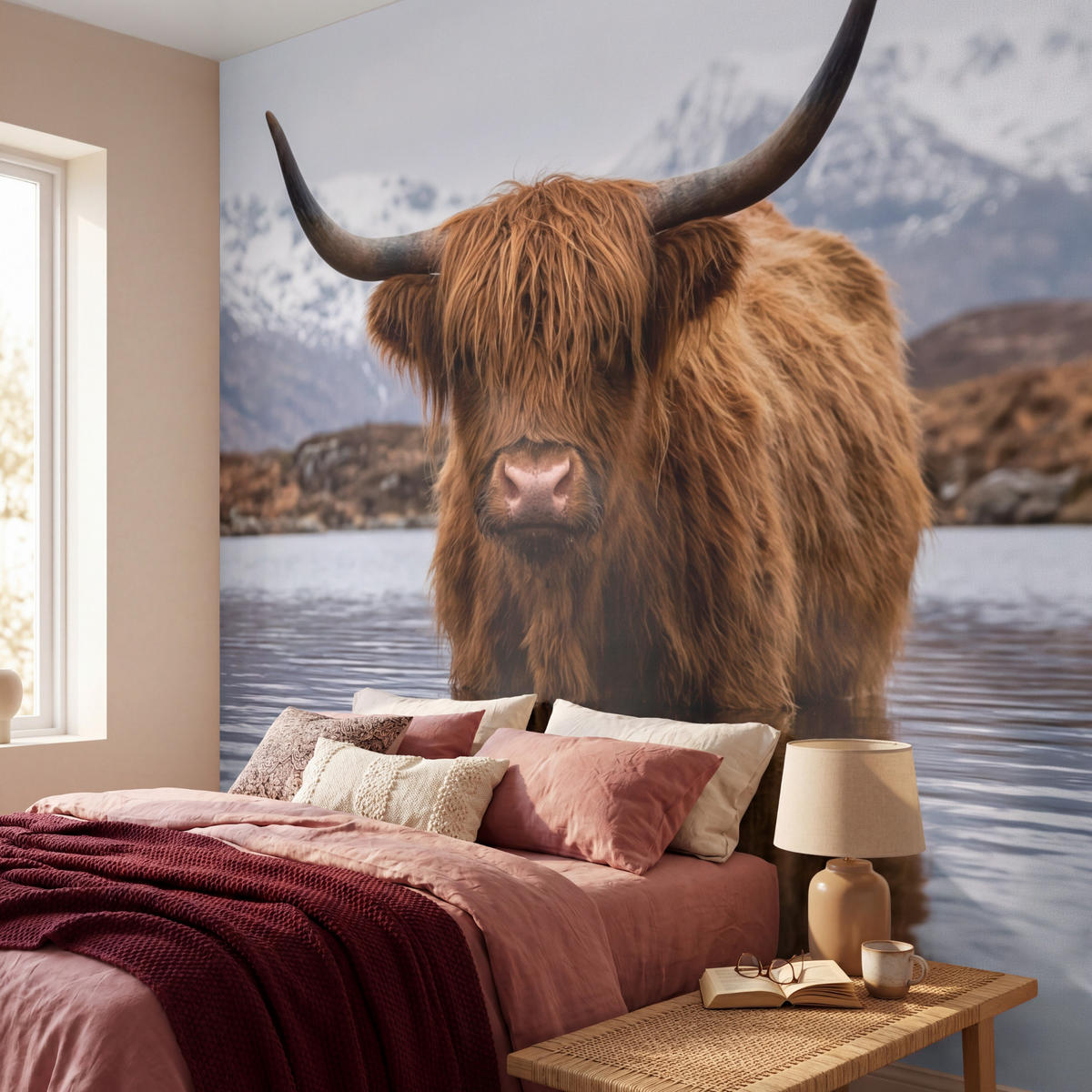 TAPETE - Schottischer Hochländer - Braun - Wasser - 260x240 cm - Braun, Papier (260/240cm) - OnlyWow