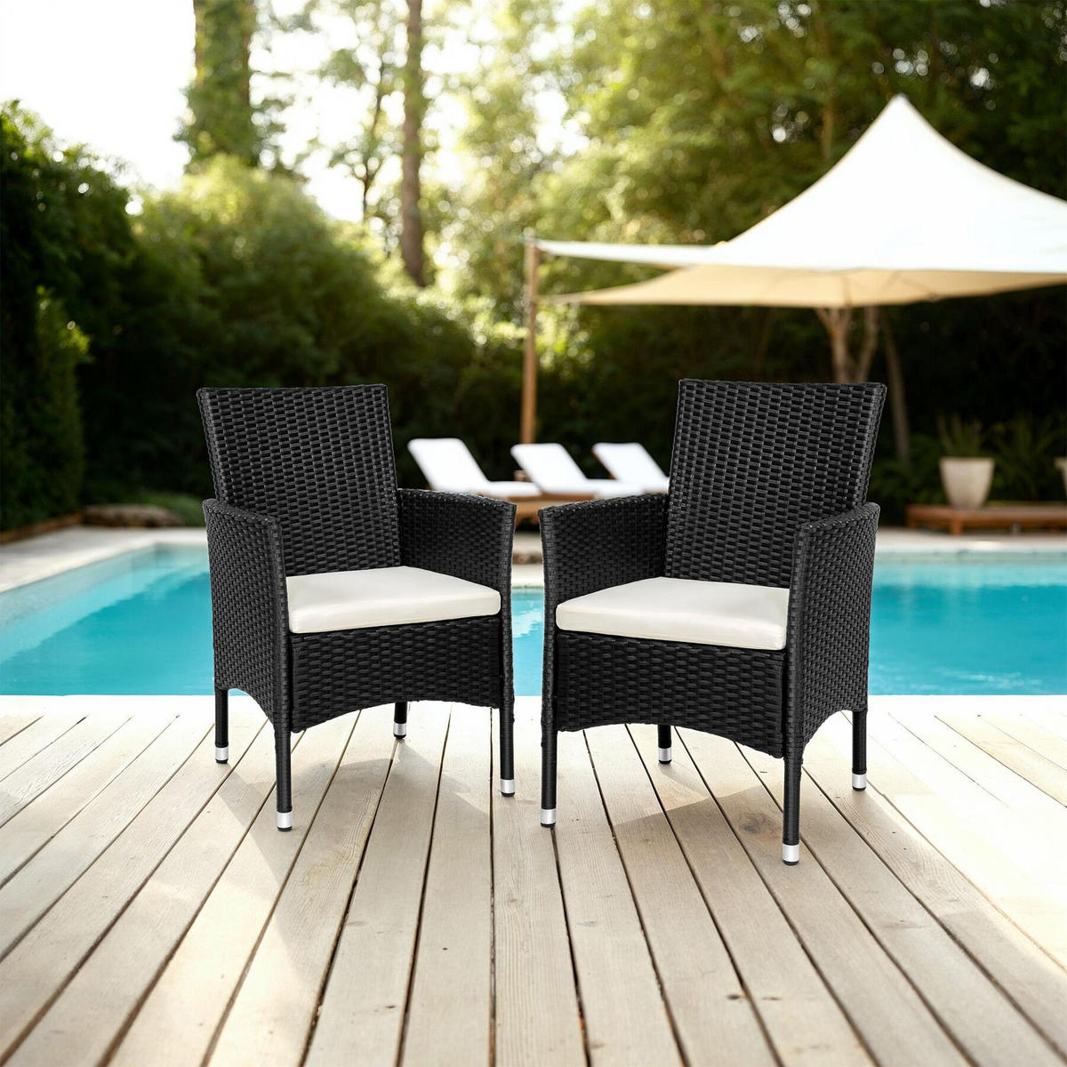 RATTANSTUHL 2er Set Nantes,59 x 57 x 85 cm,schwarz/beige - Beige/Schwarz, Kunststoff (57/85/59cm) - tectake