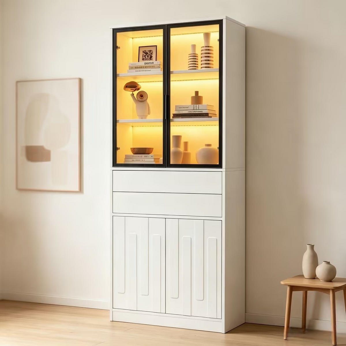 VITRINE 70x34x180 cm Weiß mit LED und 2 Schubladen - Weiß, Holzwerkstoff (70/180/34cm) - FLIEKS