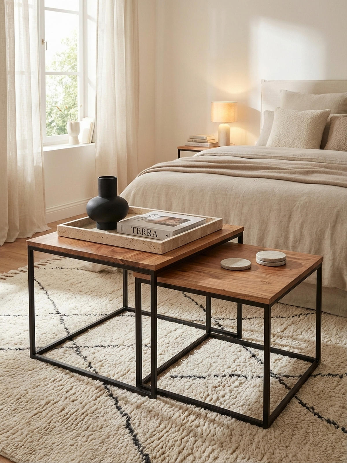 WOHNZIMMERTISCH Set – Holz Metall quadratisch 2-teilig Industrie-Stil - Beige/Schwarz, Holz/Metall (60/60/46cm) - KADIMA DESIGN