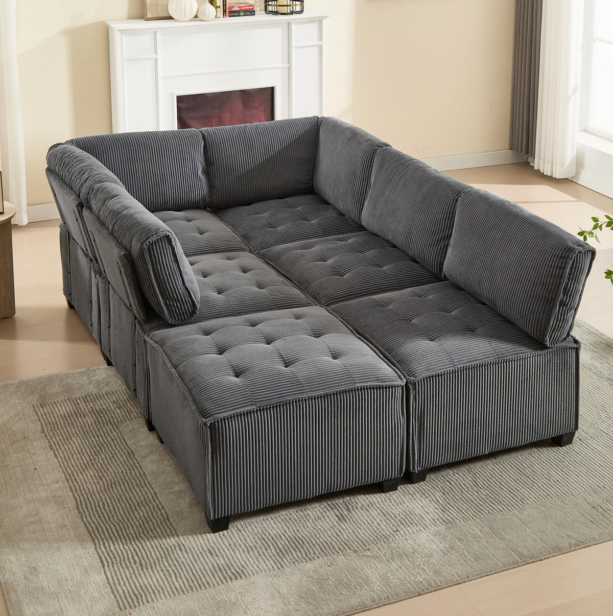 MODULARES 6-Sitzer Sofa Cord flexibel als U-/L-Form und Eckschlafsofa Grau 308/154/82 cm - Grau, Textil (154/308cm) - Redom