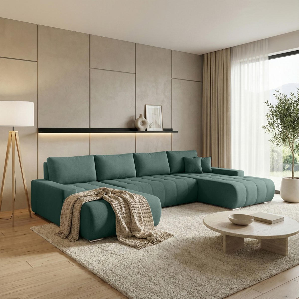 WOHNLANDSCHAFT Draco U Grün - Silberfarben/Grün, Textil/Metall (350/85/185cm) - Beautysofa