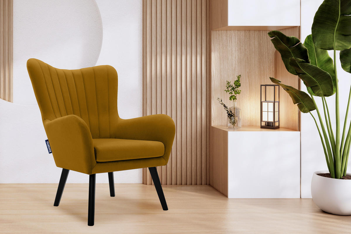 OHRENSESSEL GADI Velourstoff, Gelb - Gelb/Schwarz, Holz/Textil (76/100/78cm) - KONSIMO®