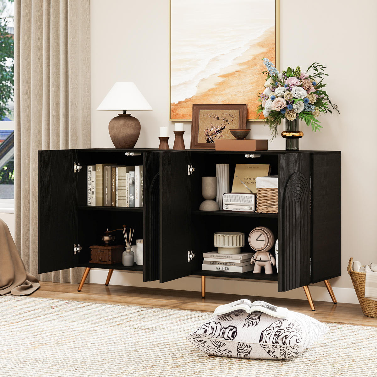 SIDEBOARD 150/38/83 cm schwarz aus Holzwerkstoff mit verstellbaren Einlegeböden - Schwarz, Holzwerkstoff (150/83/38cm) - OKWISH