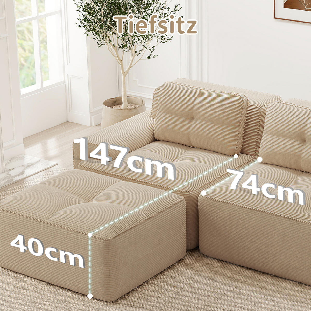 ECKSOFA aus Cord in Beige mit Tiefsitz & boneless Design - Beige, Textil (177/204cm) - Modfu