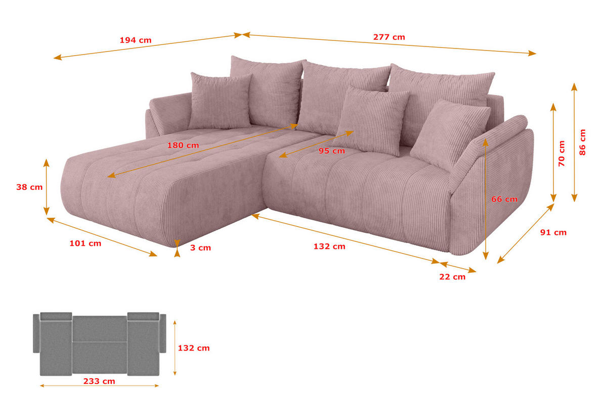 ROHOVÁ SEDAČKA s funkcí spaní, otoman vlevo TOKO-L 277x194x86 růžová manšestr - růžová/černá, kompozitní dřevo/textil (277/194cm) - ALTDECOR
