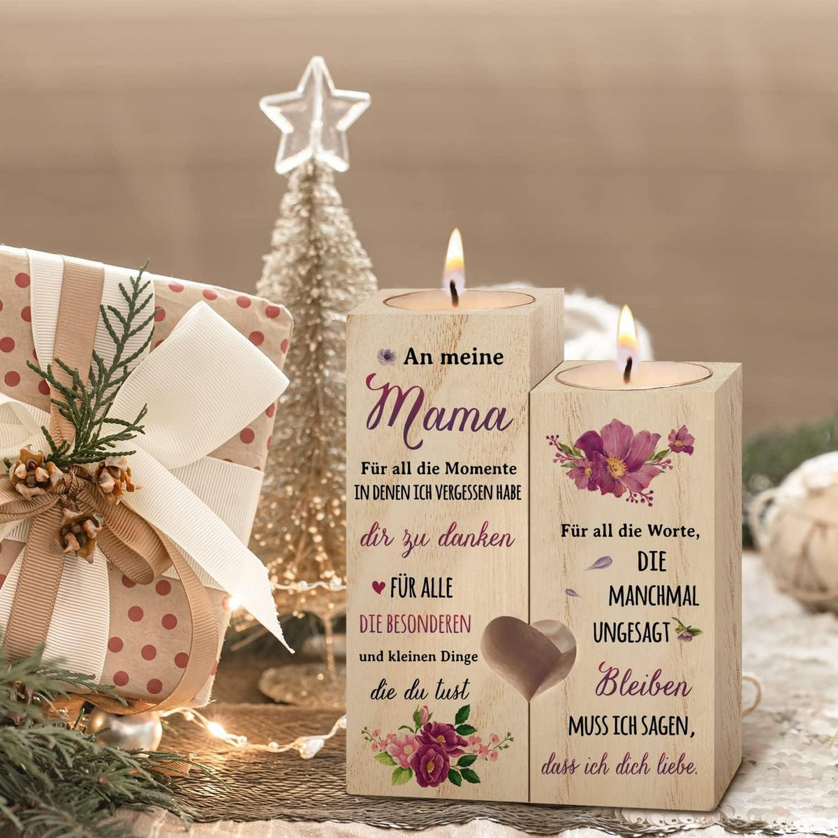 KERZENSTÄNDER Holz Mama Geschenk 12 x 10 x 4,5 cm - Beige, Holz (10/4.5/12cm)