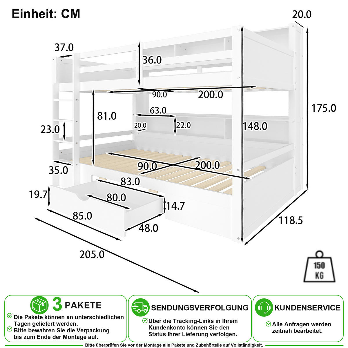 ETAGENBETT 90/200 cm & 90/200 cm in Weiß mit Schublade und Ablagefächern - Weiß, Holz/Holzwerkstoff (90/200cm) - CHICFURN