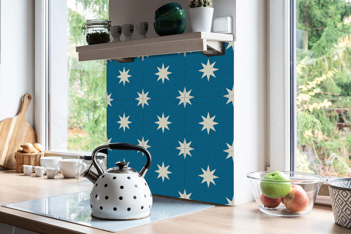 FLIESENAUFKLEBER 9 Stück 30x30 cm selbstklebend Achtzackiger Stern - Blau, Textil (30/1.6/30cm) - TULUP