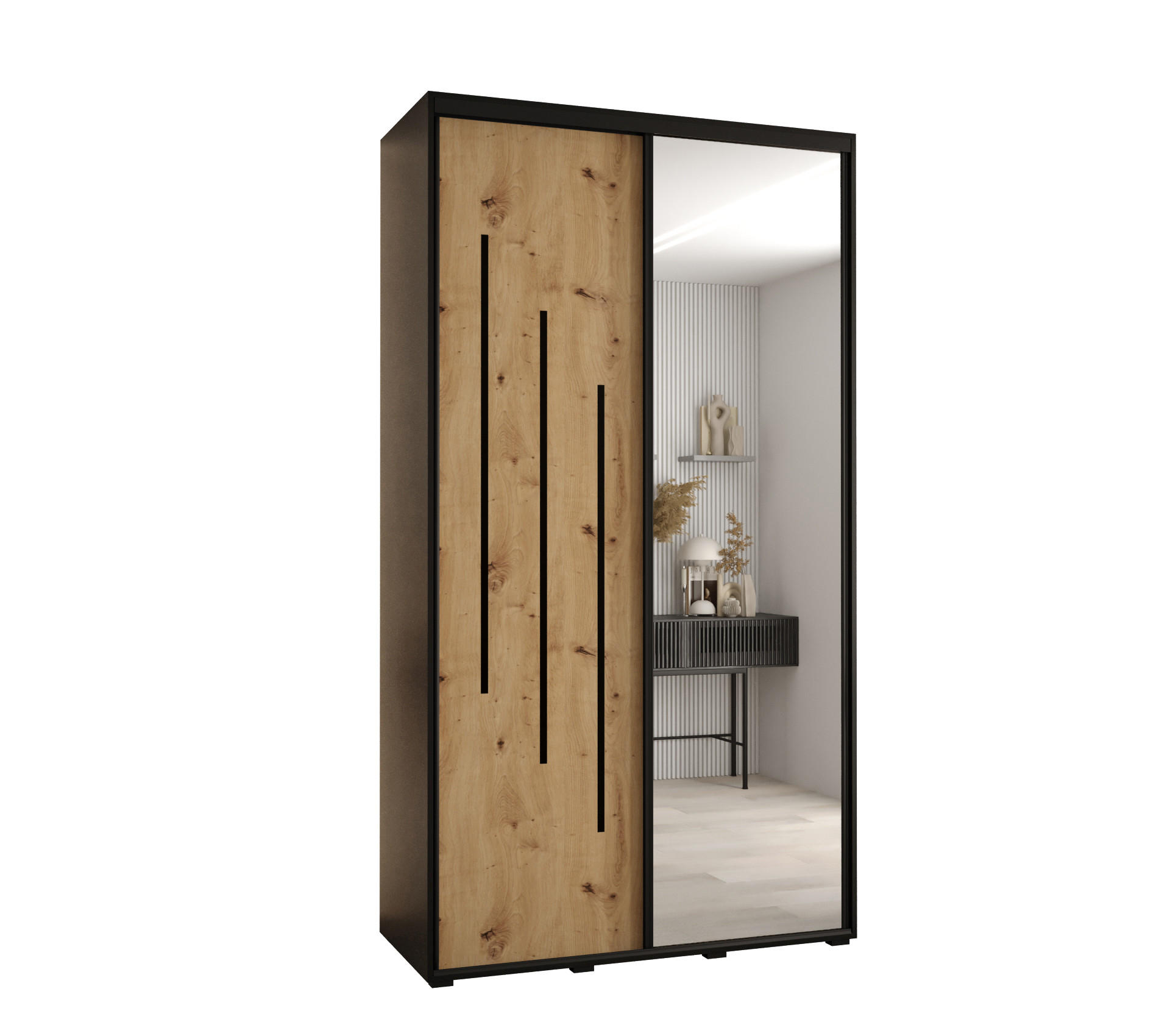 Abiks Möbel Schwebetürenschrank Schwarz, Eiche Artisan, Schwarz 140x235x60 cm