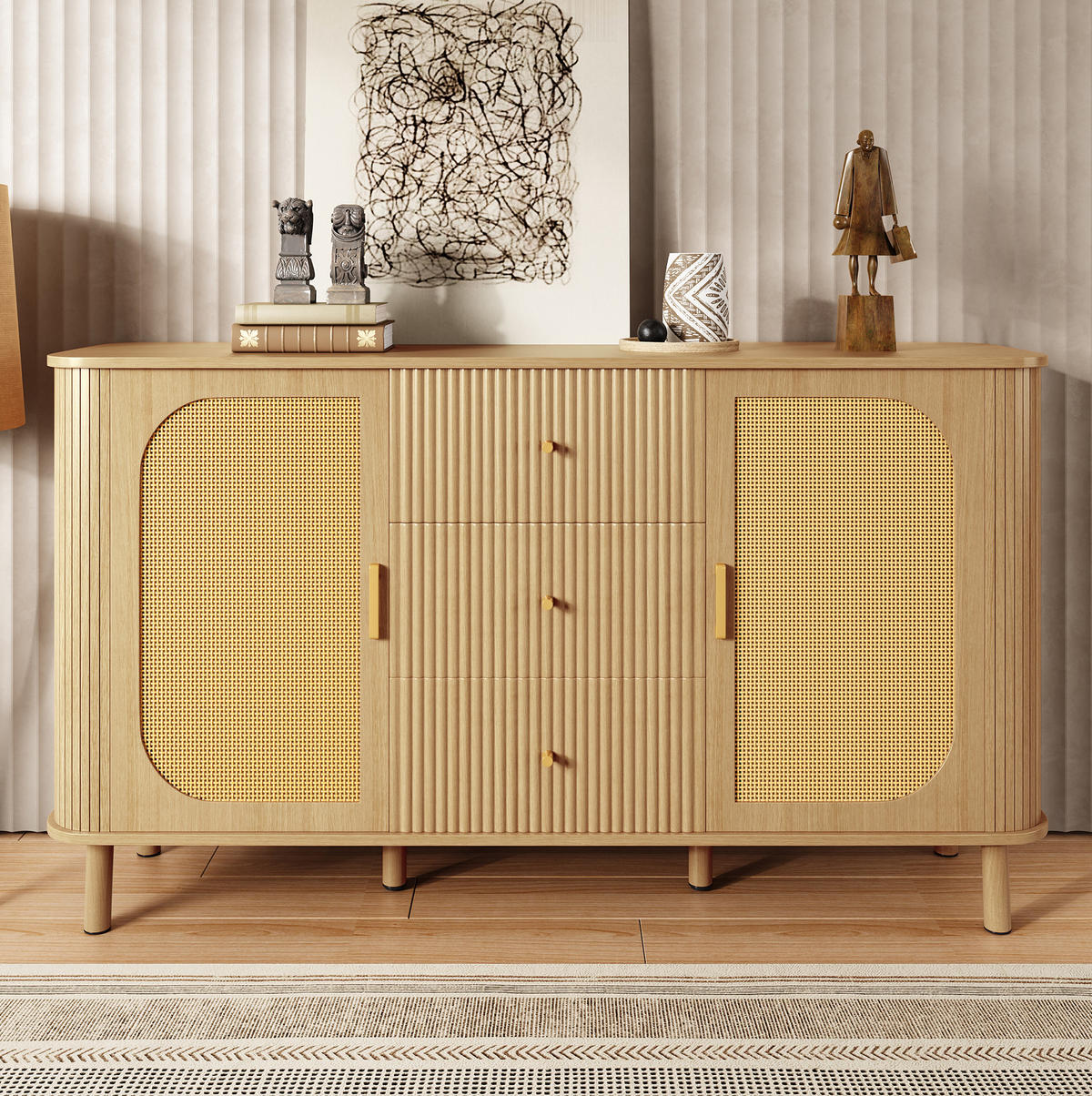 SIDEBOARD aus MDF 140x40x80 cm Natur mit Rattantüren, Schubladen und Kabeldurchführung - Naturfarben, Holzwerkstoff (140/80/40cm) - IVMEU