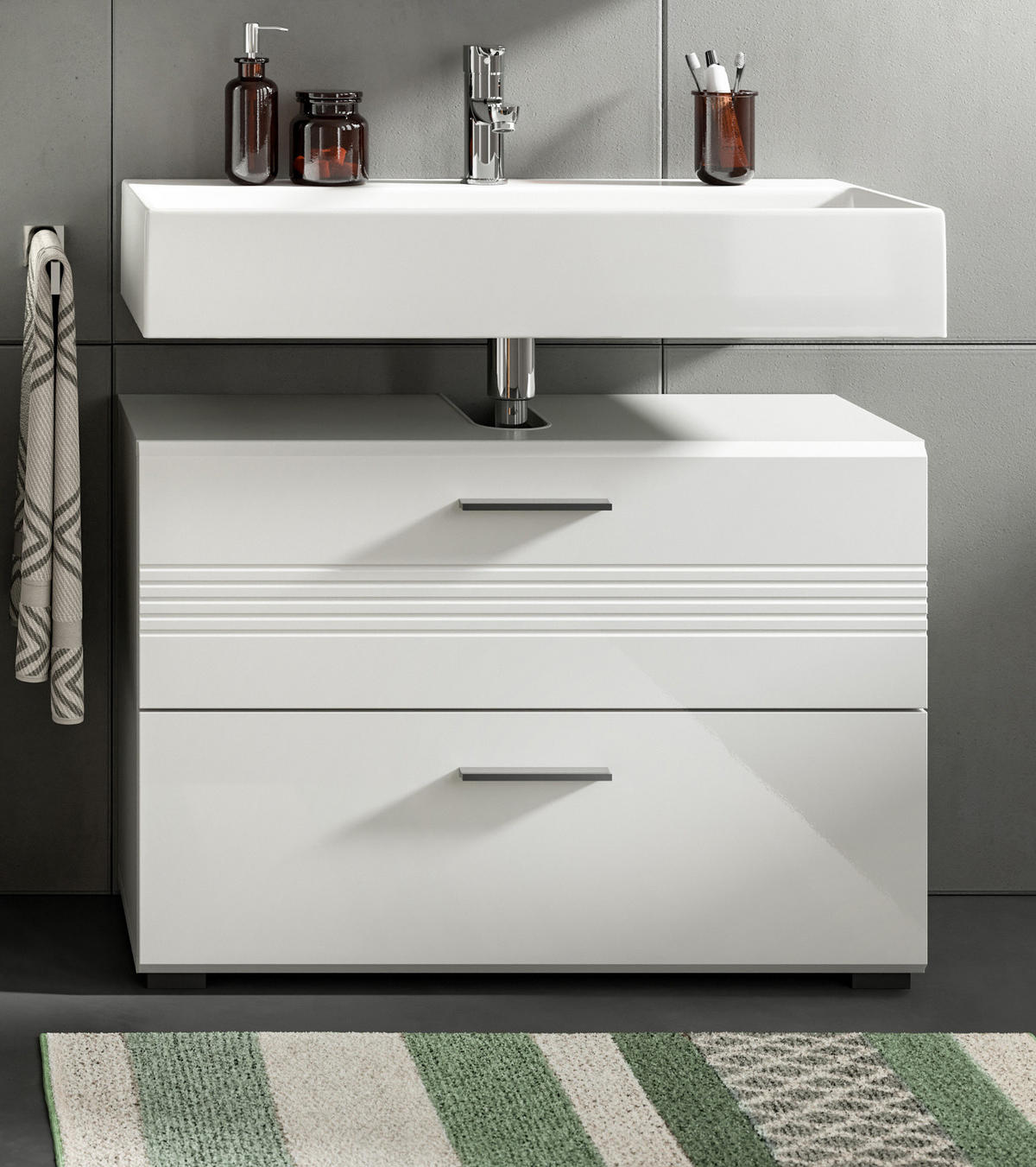 WASCHBECKENUNTERSCHRANK weiß Hochglanz, grau 80 cm - Weiß Hochglanz/Schwarz, Holzwerkstoff/Kunststoff (80/56/32cm) - Inn.Furn