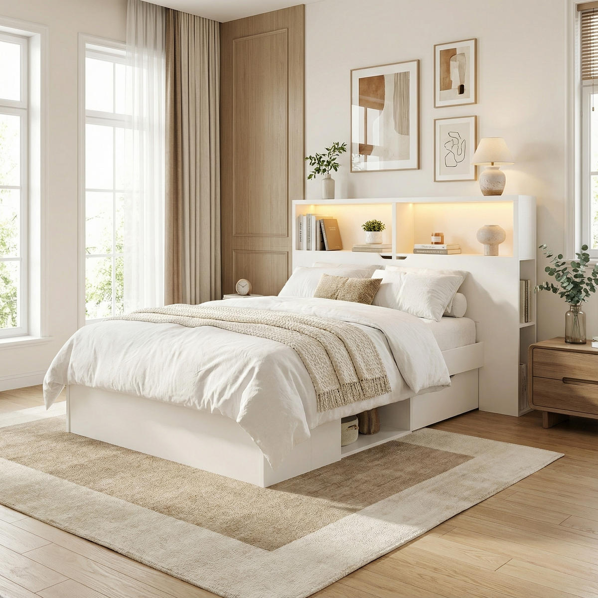 BETT 90x200 cm Weiß Multifunktions mit LED & USB - Weiß, Holzwerkstoff (90/200cm) - Urban Meuble