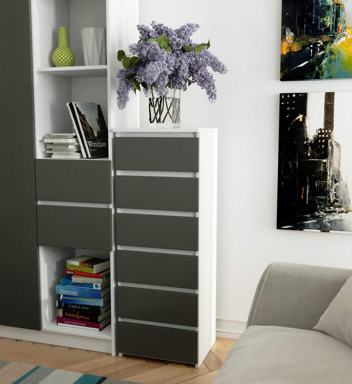 KOMMODE CL6, Weiß-Grau, 40x35x109 cm - Weiß/Grau, Holz (40/109/35cm) - Milordbikes