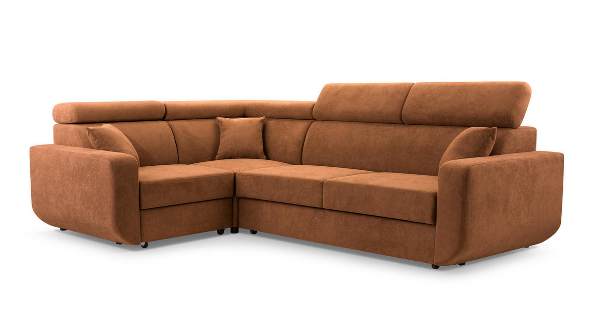ECKSOFA RENO Orange Plüsch-Stoff mit Schlaffunktion - Orange, Holz (263/184cm) - MASSENO