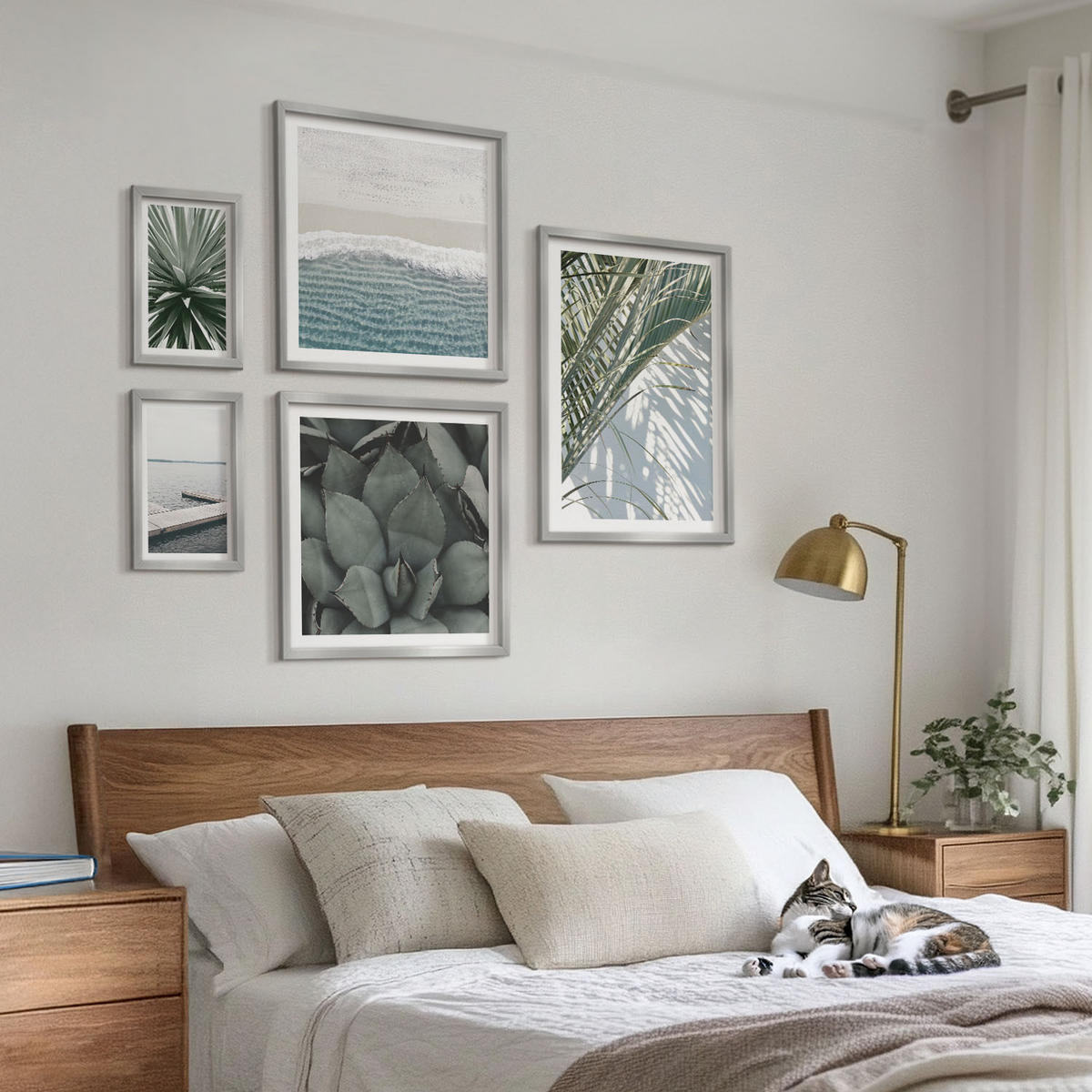 WANDBILDER 5er Set - 50x50 cm & 20x30 cm & 40x60 cm Silberner Rahmen - Hängebrücke aus Palmenblättern - Silberfarben, Kunststoff (40/60cm) - ArtPrintCave