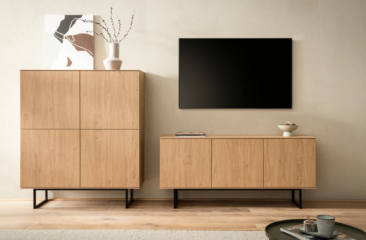 WOHNWAND Stone Eiche, Wohnkombination 2-teilig 280 cm, mit Push-to-Open - Eichefarben/Schwarz, Holzwerkstoff/Metall (280/137/40cm) - Furn.Design