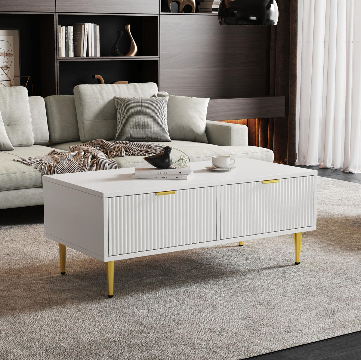 COUCHTISCH 100/50/40 cm Weiß/Gold aus MDF mit 2 Schubladen - Weiß, Holzwerkstoff (100/50/40cm) - OKWISH