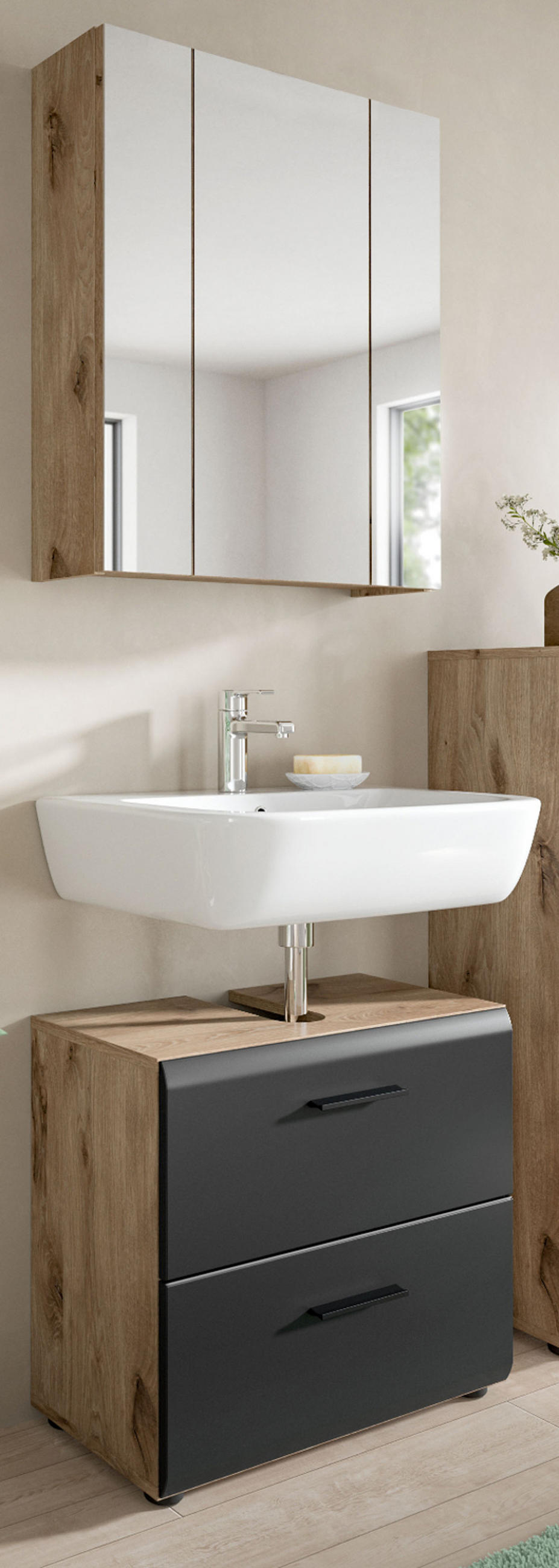 BADMÖBEL-SET 2-teilig schwarz matt und Eiche, Badezimmer mit Spiegelschrank, Vollauszug, Breite 60 cm - Eichefarben/Schwarz, Glas/Holzwerkstoff (60/185/30cm) - Inn.Furn