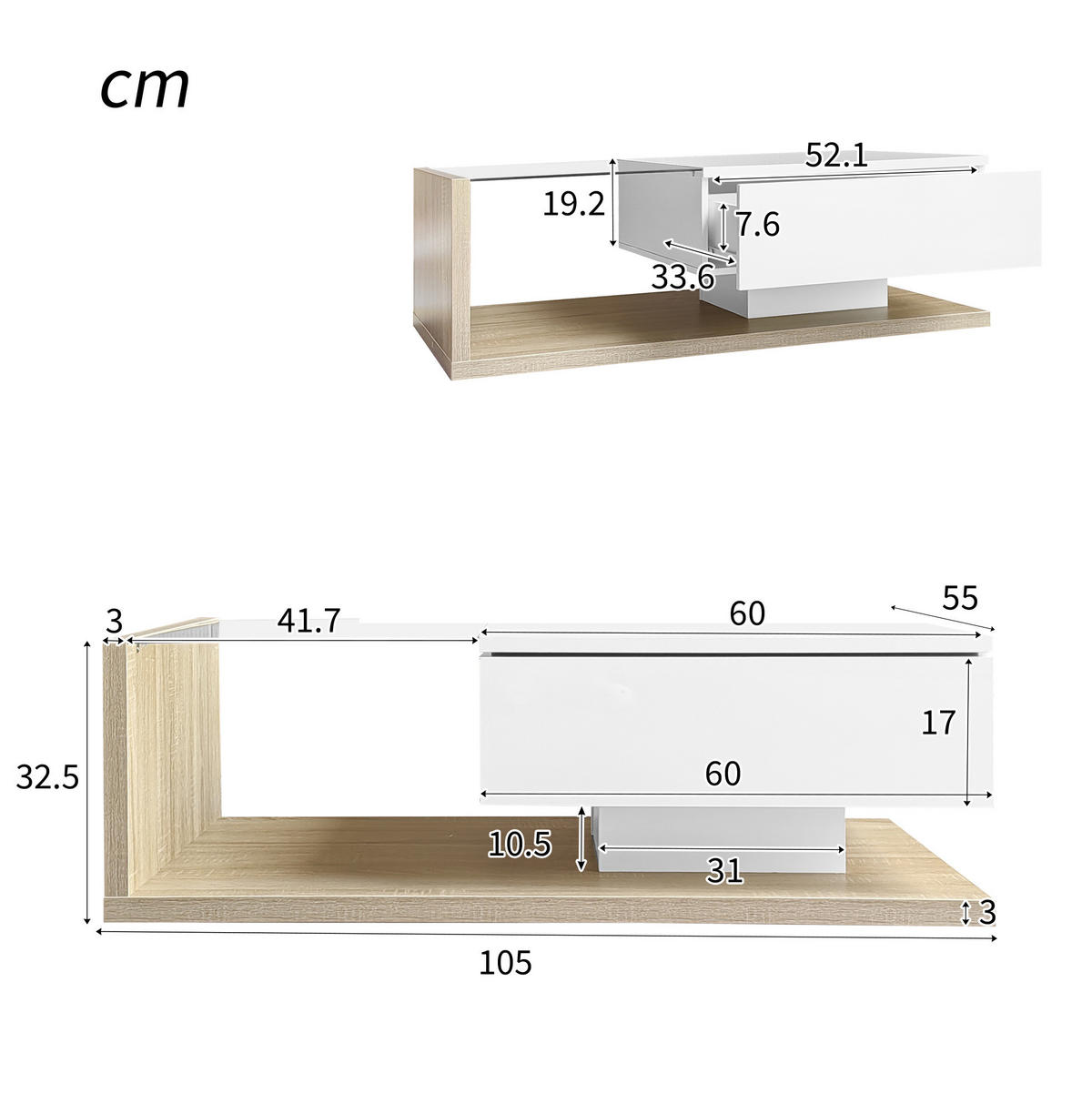 COUCHTISCH 105/55 cm mit Glasplatte und LED-Beleuchtung in Weiß/Holzoptik - Weiß, Holzwerkstoff (105/55/32.5cm) - Flora Grace