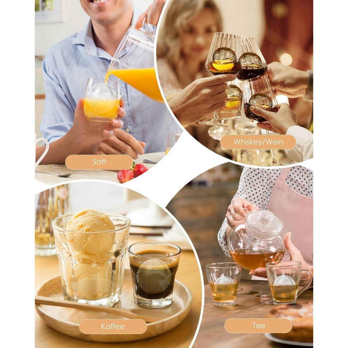 EISWÜRFELFORM 4er Set 6 cm Kugel mit Trichterdeckel - Multicolor, Kunststoff (7/8.5/7cm)
