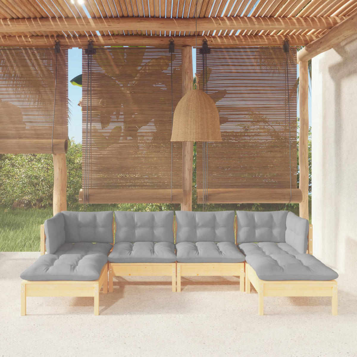 GARTEN-LOUNGE-SET 6-teilig Mit Grauen Kissen Kiefernholz - Grau, Holz - vidaXL