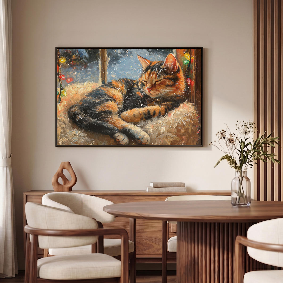 LEINWAND Bilder mit Rahmen - Katze - Weihnachten - Winter - Tier - 90x60 - Bernsteinfarben, Textil (90/60cm) - MuchoWow