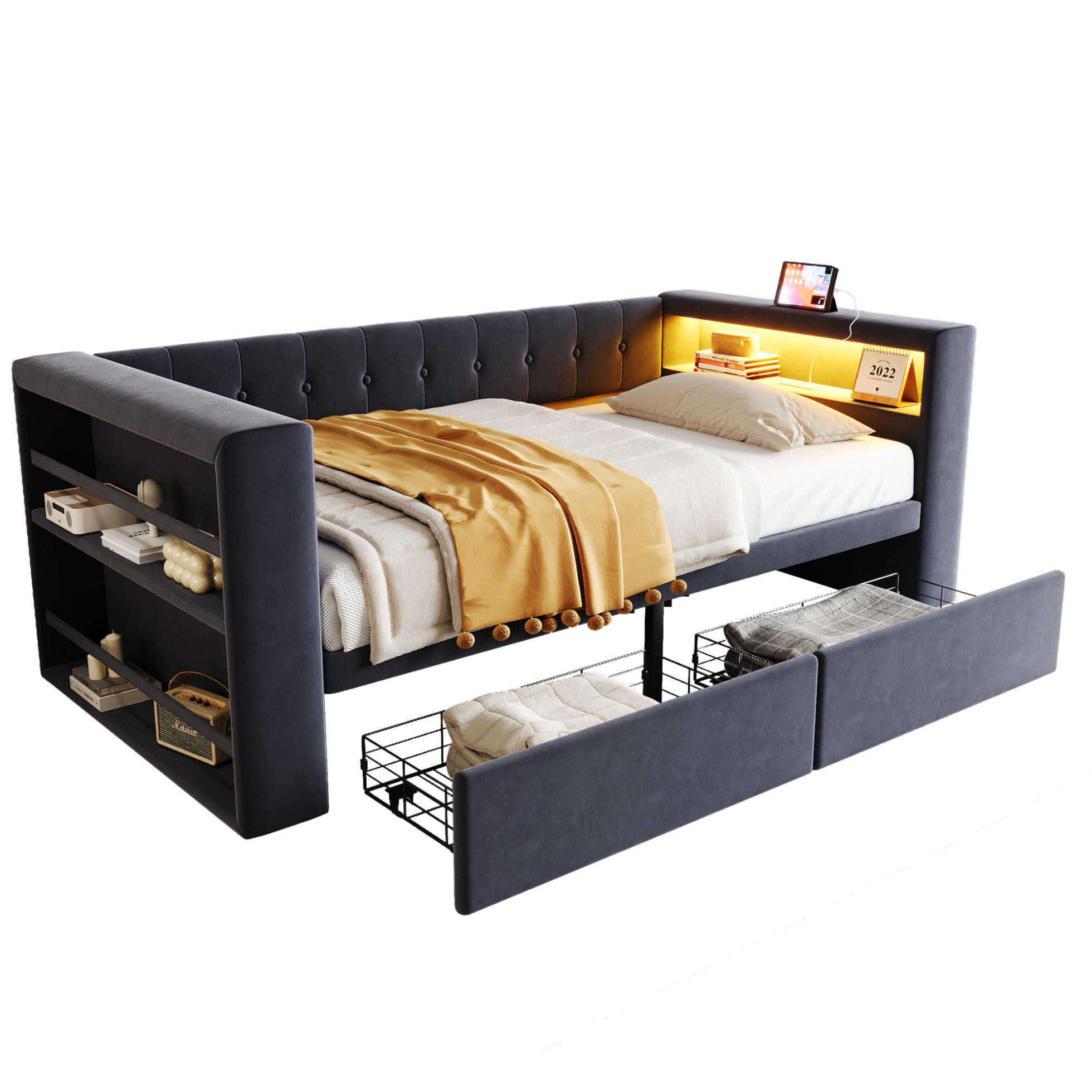 POLSTERBETT 90/190 cm mit LED-Beleuchtung und Stauraum in Dunkelgrau - Dunkelgrau, Textil (90/190cm) - BEAOK