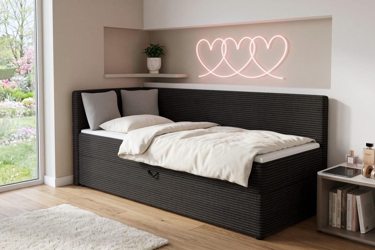 BOXBETT ROBERTO 100/200 in Cord Schwarz H4 links - Schwarz, Holz/Holzwerkstoff (100/200cm) - Deine Möbel 24