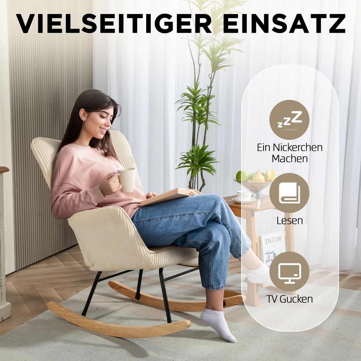 SCHAUKELSTUHL, Schaukelsessel mit Kordoptik, Armlehne für Wohnzimmer, Beige - Beige/Naturfarben, Buchenholz/Textil (98/101/71cm) - HOMCOM