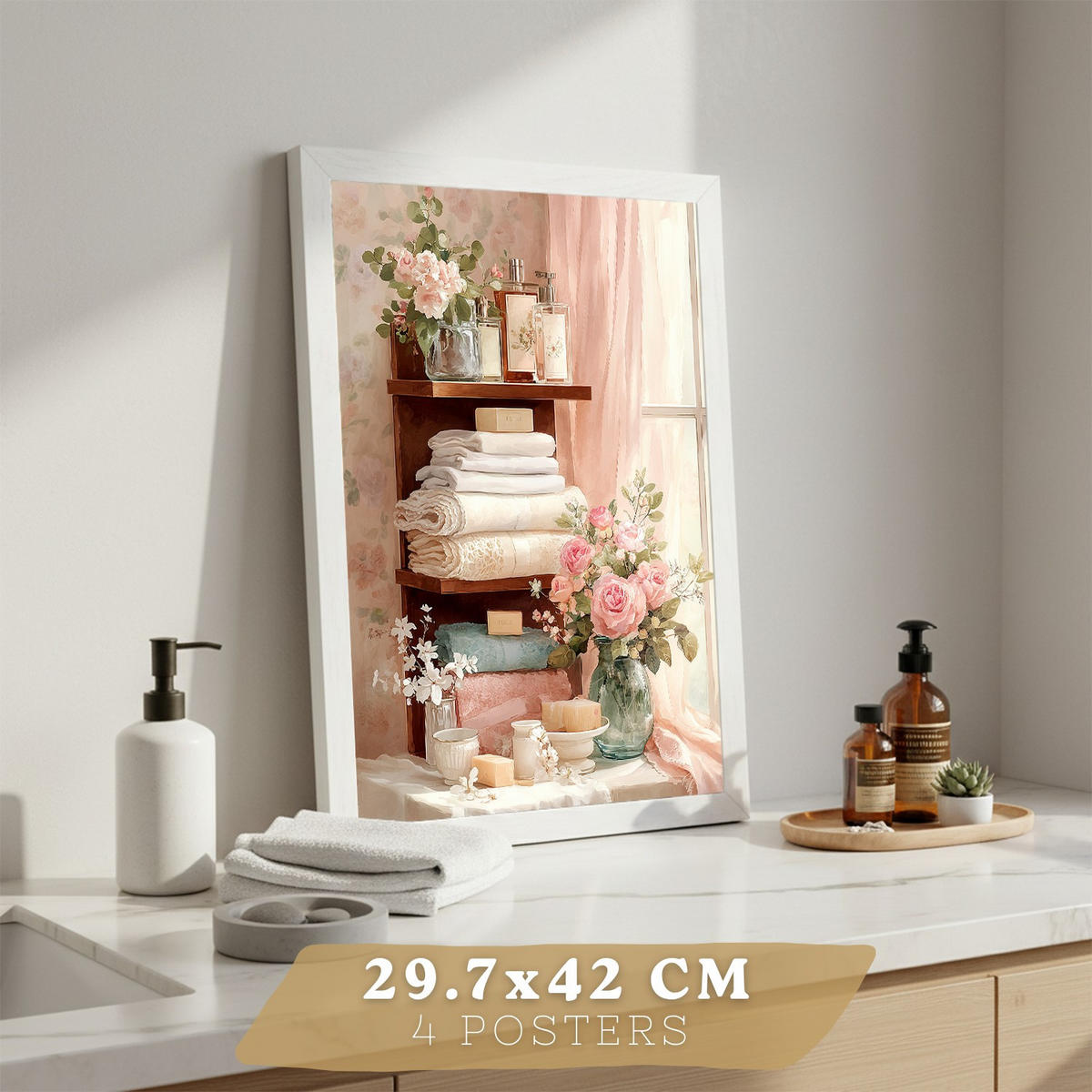 POSTER 4er-Set dekorative Badezimmerdrucke, romantischer Stil, Bilder mit Blumen, Parfums und Schminktisch, elegante, Wohndekoration Weißer Rahmen A3 - Weiß, Papier (42/29.7/3cm) - Nacnic
