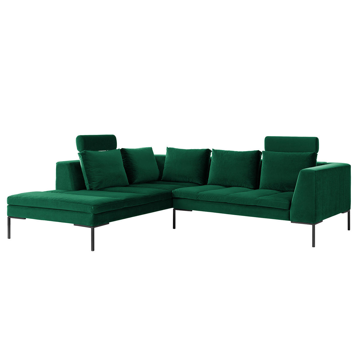 ECKSOFA mit Ottomane - Dunkelgrün/Schwarz, Textil/Metall (255/230cm) - home24