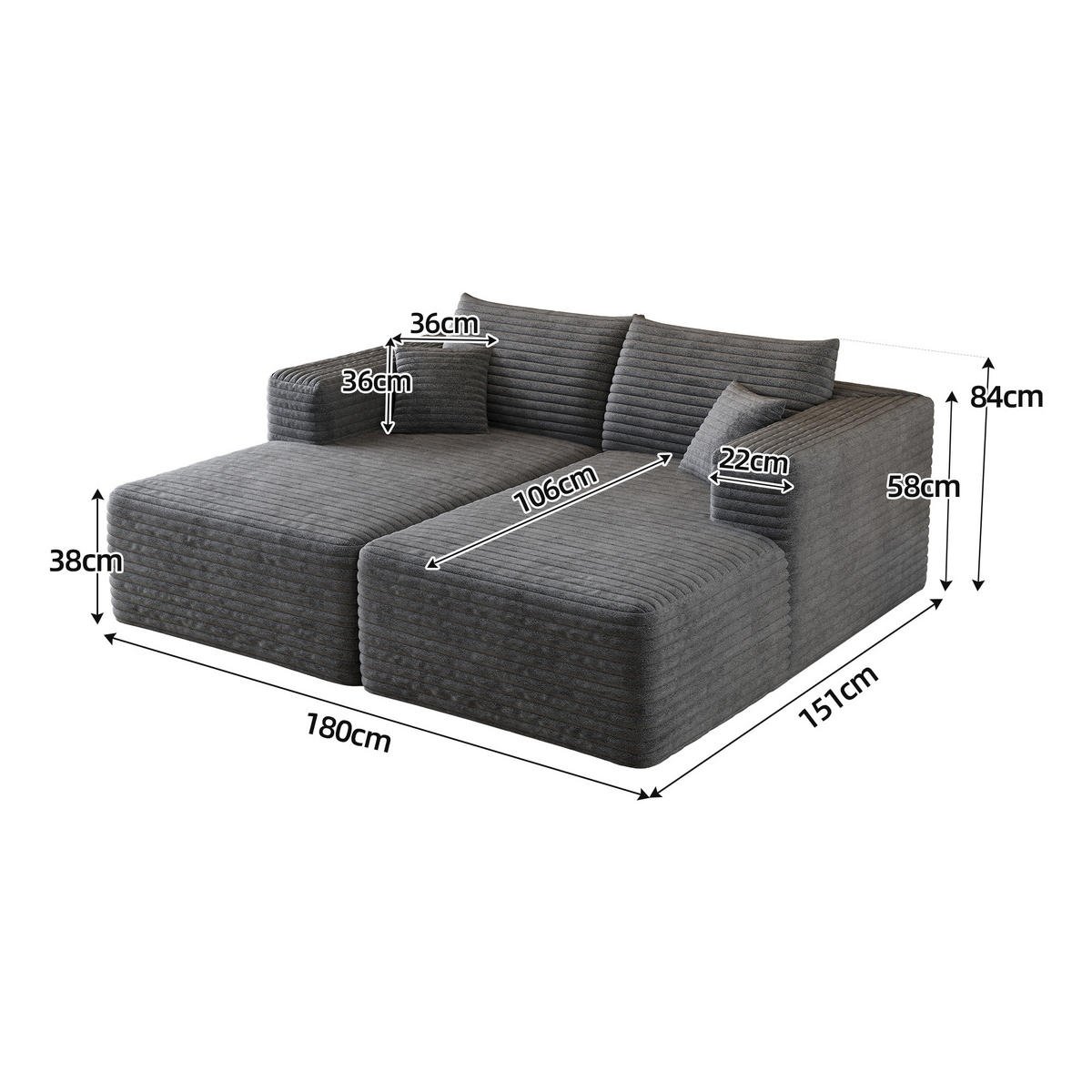 SCHLAFSOFA DE-34891 mit Chaiselongue Dunkelgrau - Dunkelgrau, Textil (151/180cm) - ComfortXL