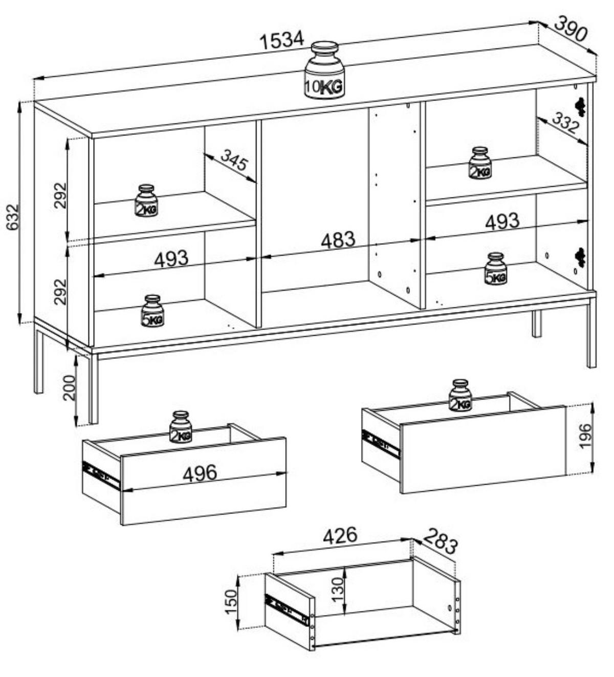 SIDEBOARD mit 3 Schubladen Eiche wotan LINO - Eiche Wotan, Holzwerkstoff (154/83/39cm) - Compleo24