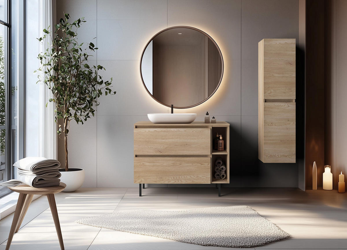 BADEZIMMERSCHRANK 100 cm (80 + 20) + TOP + Möbelfüße, Farbe: helle Eiche, 100 x 77 x 46 cm, mit Arbeitsplatte - Beige, Holzwerkstoff (100/77/46cm) - 3XE LIVING