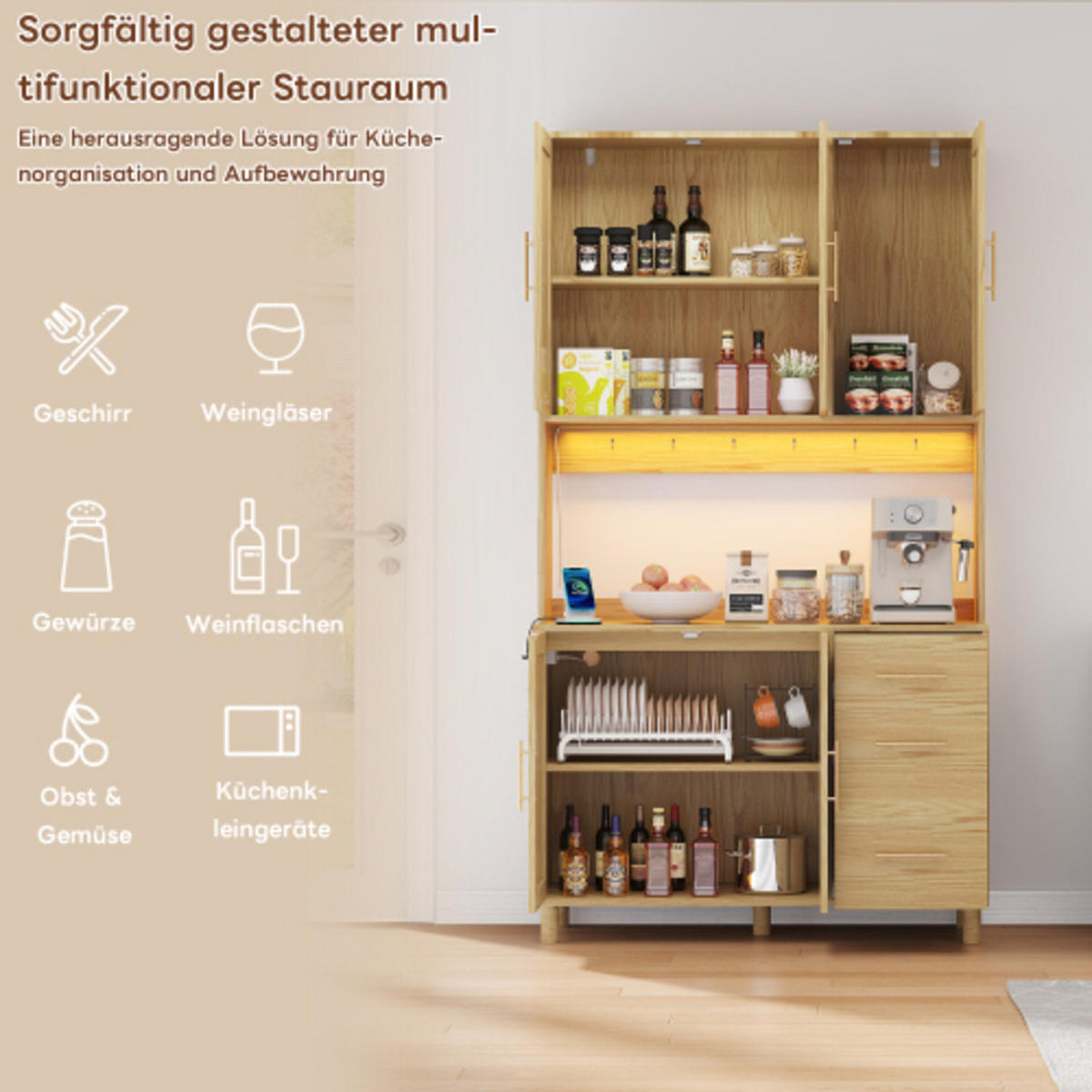 KÜCHENSCHRANK Naturoptik aus MDF mit Rattanfront, LED-Beleuchtung und integrierten Steckdosen 100×40×183 cm - Naturfarben, Holzwerkstoff (100/183/40cm) - Luhomfu