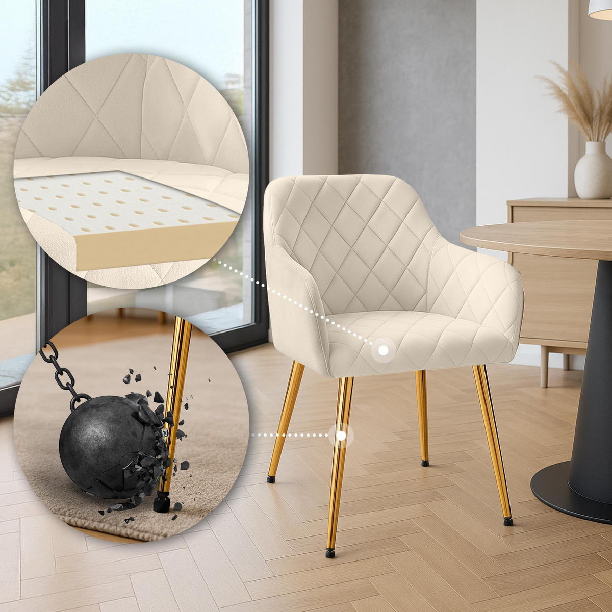 ARMLEHNENSTUHL 2er Set Samt Creme - Goldfarben/Creme, Textil (53/83/61cm) - CLP