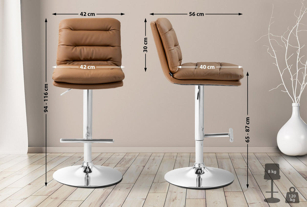 BARHOCKER TURIN Hellbraun Kunstleder Chrom - Hellbraun, Leder/Metall (42/94/56cm) - DELUKE
