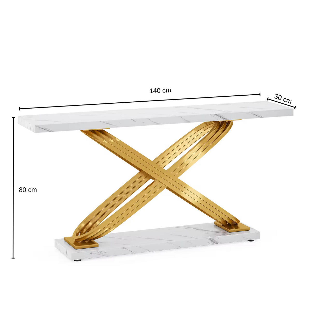 KONSOLENTISCH Marmoroptik Weiß Metall Gold 140×30×80 cm - Weiß Hochglanz/Goldfarben, Holzwerkstoff/Metall (30/140/80cm) - Quality Elegance