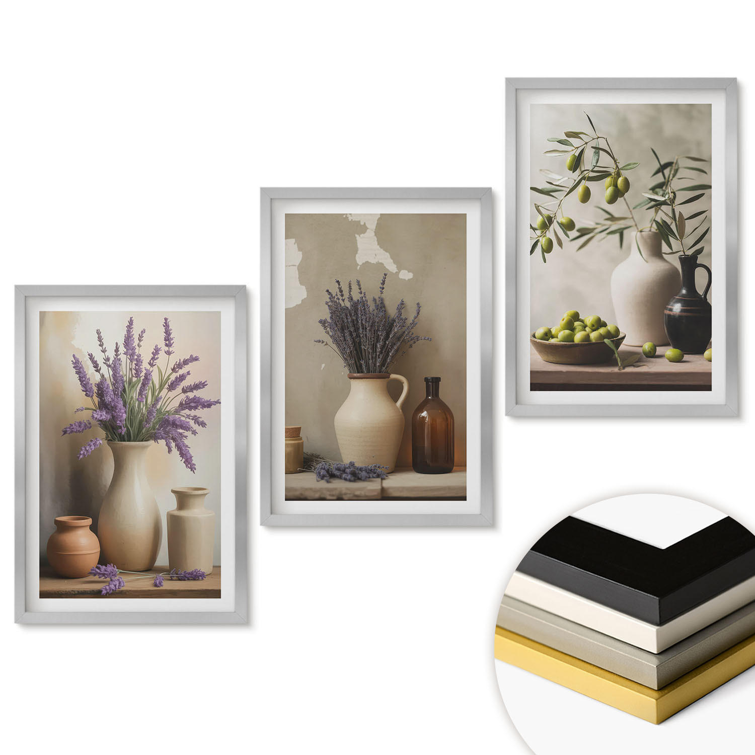 WANDBILDER 3er Set - 40x60 cm Silberner Rahmen - Blumen in Vasen, Oliven, Dekorationen - Silberfarben, Kunststoff (40/60cm) - ArtPrintCave