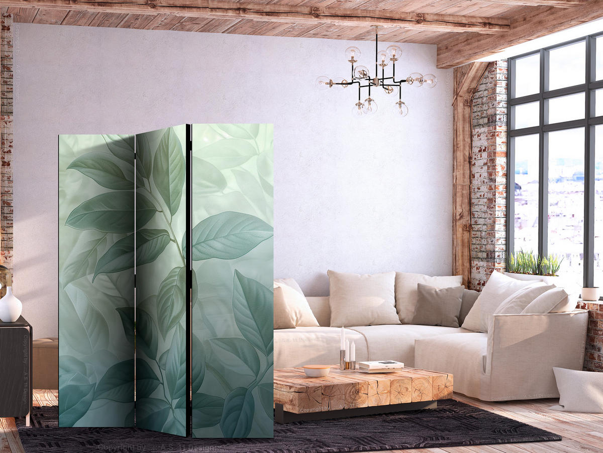 PARAVENT Einseitig Bedruckter 3-tlg 135x172 cm Natur Bl tter - Blau, Holz/Textil (135/172/3cm) - Muralo