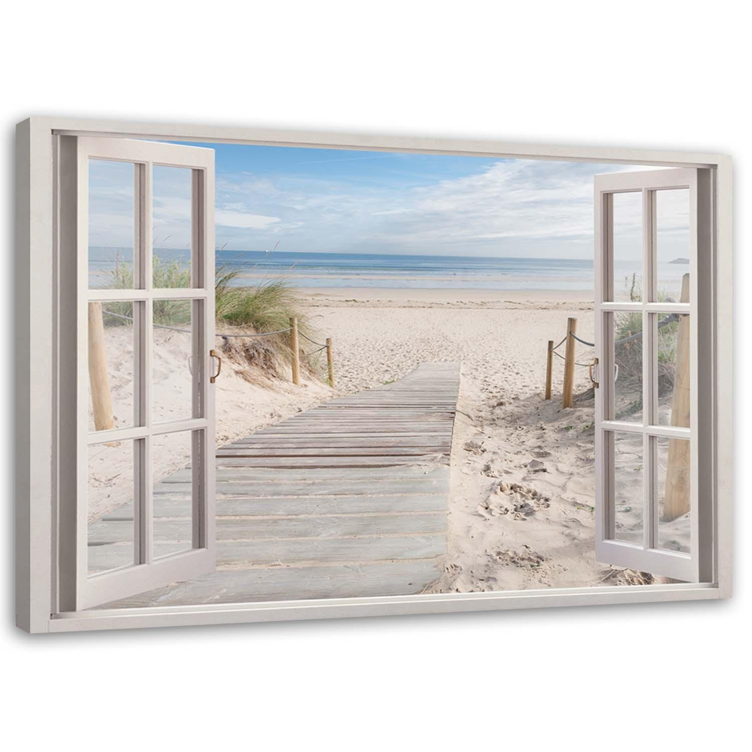 BILD AUF LEINWAND Fensterblick Strand Meer Landschaft - Beige, Textil (60/40cm) - Feeby